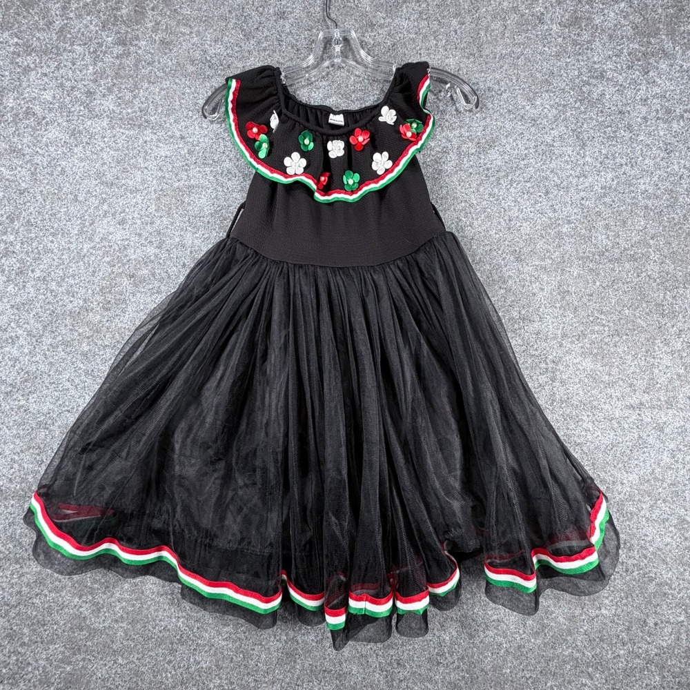 Girls Mexican Folklorico Fiesta Dress Size 2T Black Tricolor Ribbon Dance 2